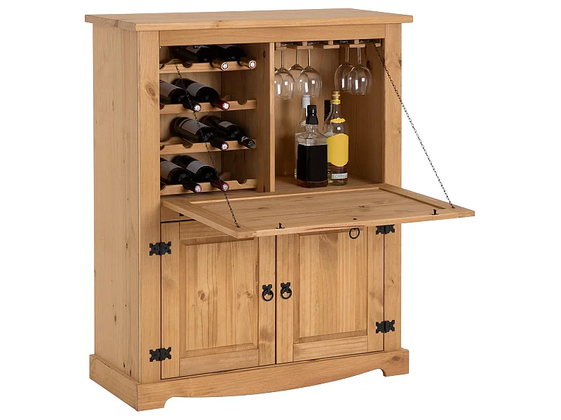 Meuble bar à vin TEQUILA armoire comptoir avec range bouteilles et range verres, bahut de style mexicain en pin massif teinté/ciré