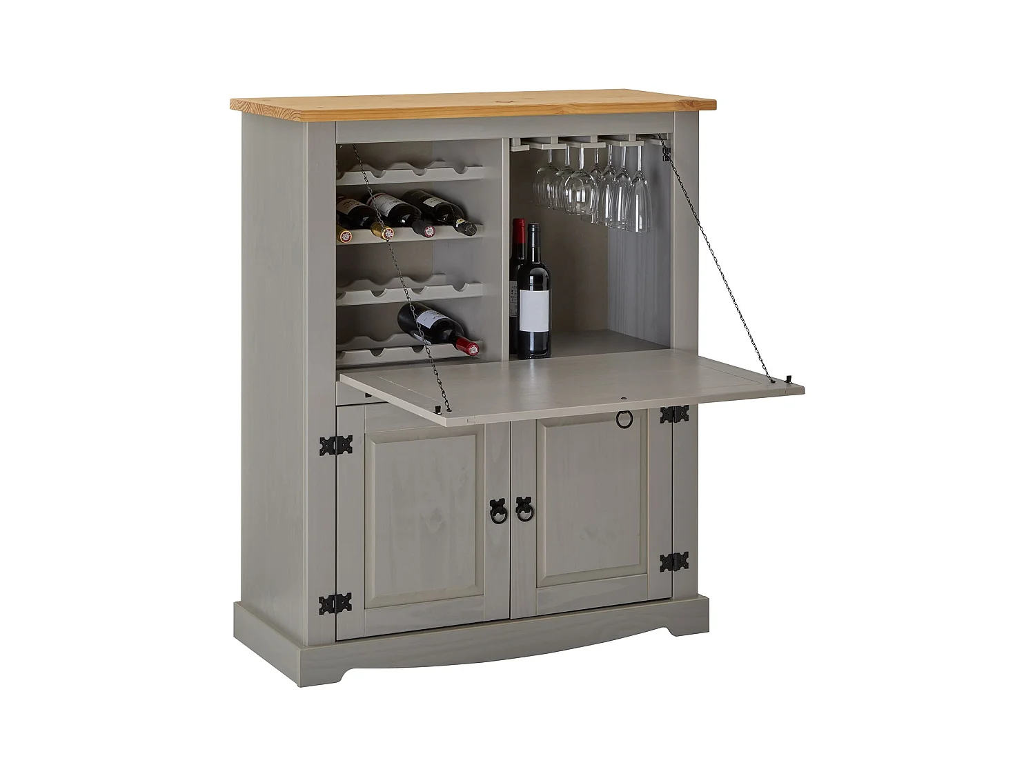 Meuble bar à vin TEQUILA armoire comptoir avec range bouteilles et range verres, bahut de style mexicain en pin massif gris/brun