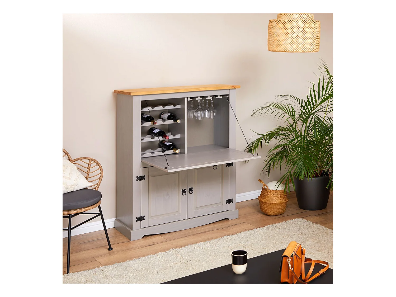 Meuble bar à vin TEQUILA armoire comptoir avec range bouteilles et range verres, bahut de style mexicain en pin massif gris/brun