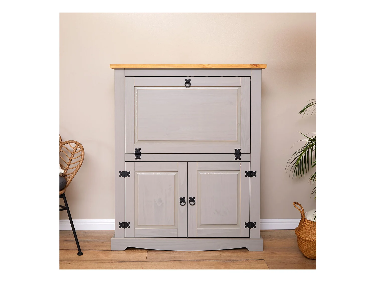 Meuble bar à vin TEQUILA armoire comptoir avec range bouteilles et range verres, bahut de style mexicain en pin massif gris/brun