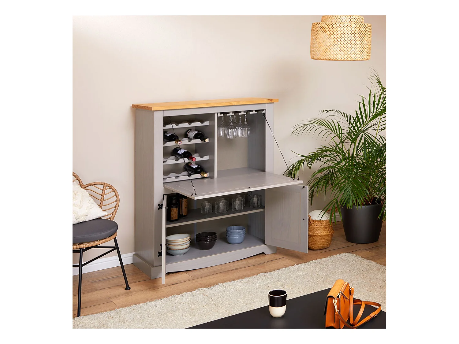 Meuble bar à vin TEQUILA armoire comptoir avec range bouteilles et range verres, bahut de style mexicain en pin massif gris/brun