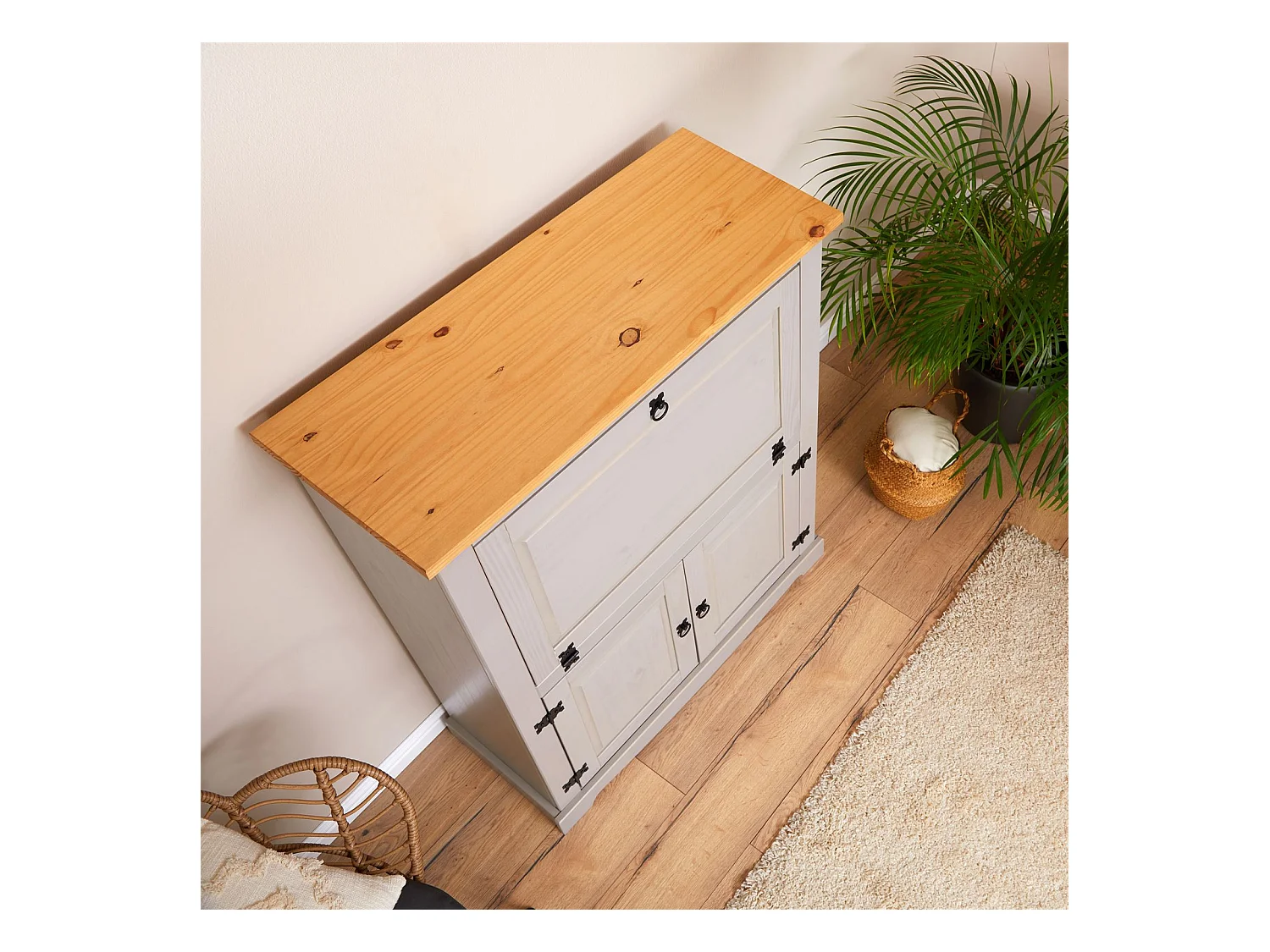 Meuble bar à vin TEQUILA armoire comptoir avec range bouteilles et range verres, bahut de style mexicain en pin massif gris/brun