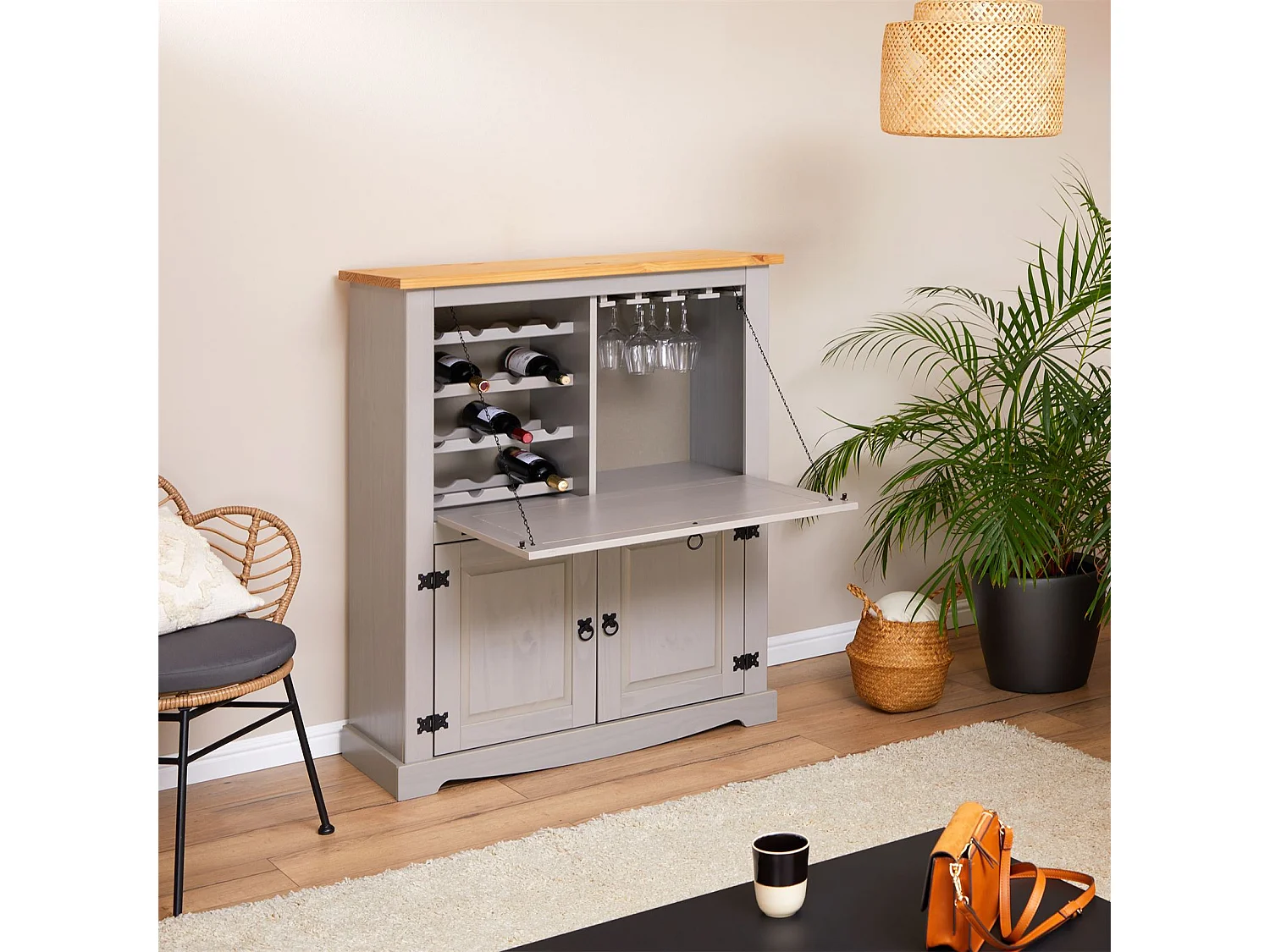 Meuble bar à vin TEQUILA armoire comptoir avec range bouteilles et range verres, bahut de style mexicain en pin massif gris/brun