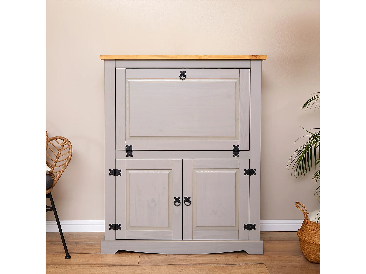 Meuble bar à vin TEQUILA armoire comptoir avec range bouteilles et range verres, bahut de style mexicain en pin massif gris/brun