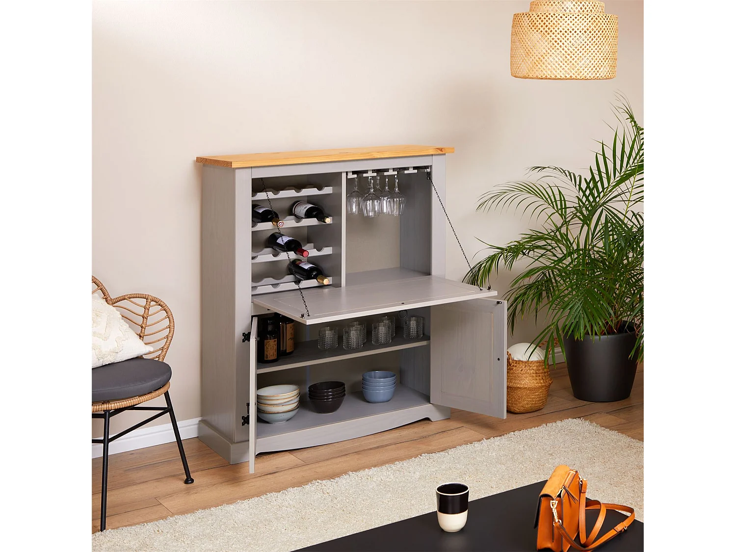 Meuble bar à vin TEQUILA armoire comptoir avec range bouteilles et range verres, bahut de style mexicain en pin massif gris/brun