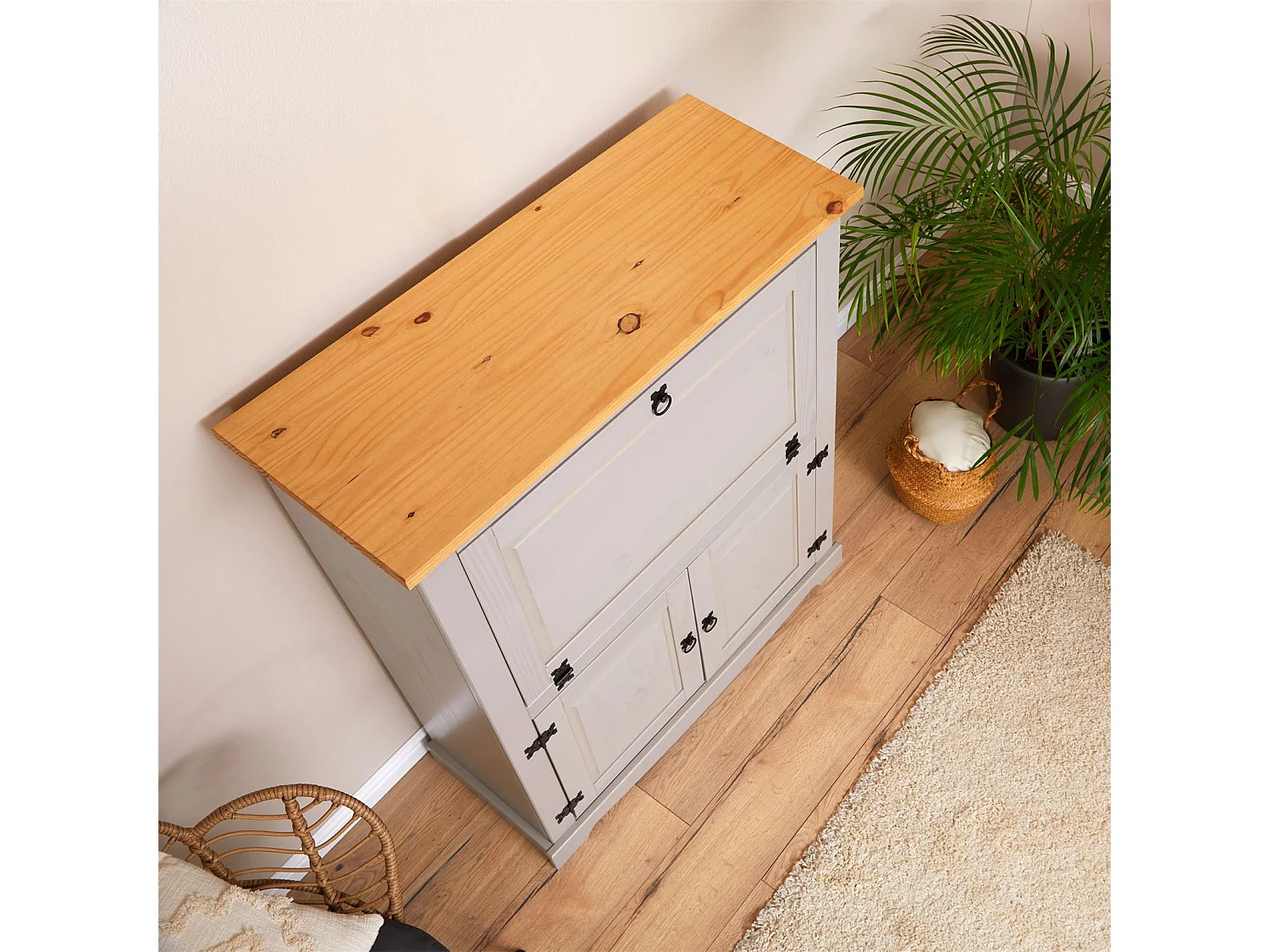 Meuble bar à vin TEQUILA armoire comptoir avec range bouteilles et range verres, bahut de style mexicain en pin massif gris/brun