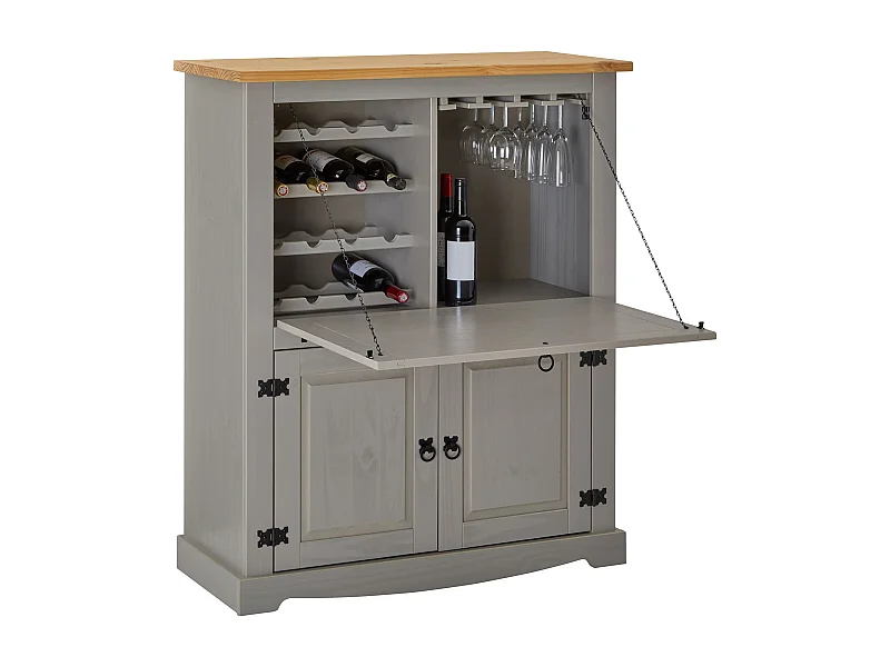 Meuble bar à vin TEQUILA armoire comptoir avec range bouteilles et range verres, bahut de style mexicain en pin massif gris/brun