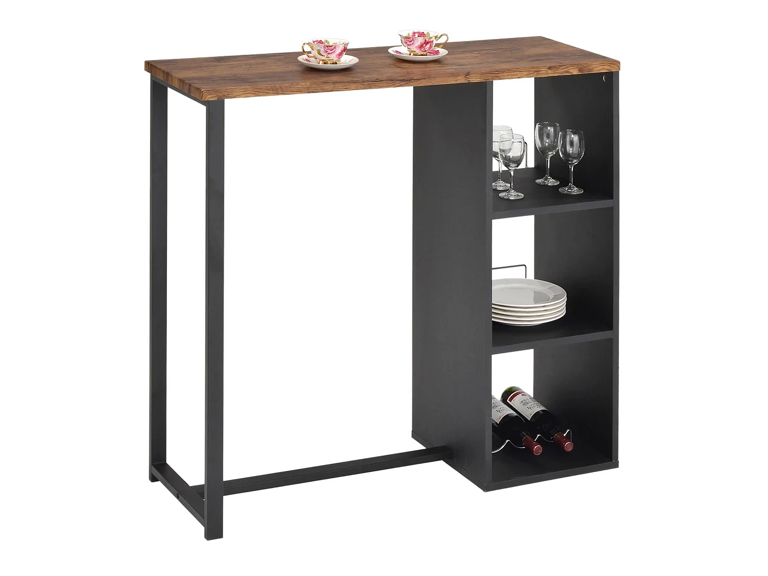 Table haute de bar PIAVA mange-debout comptoir avec 3 étagères dont 1 porte-bouteilles, en métal noir et MDF décor chêne sauvage