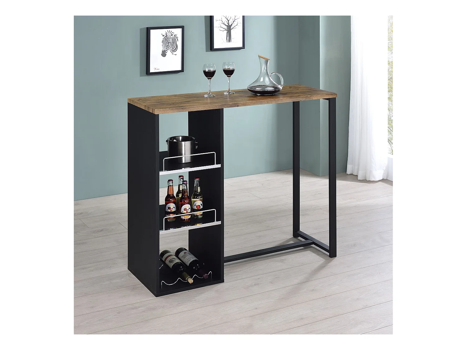 Table haute de bar PIAVA mange-debout comptoir avec 3 étagères dont 1 porte-bouteilles, en métal noir et MDF décor chêne sauvage