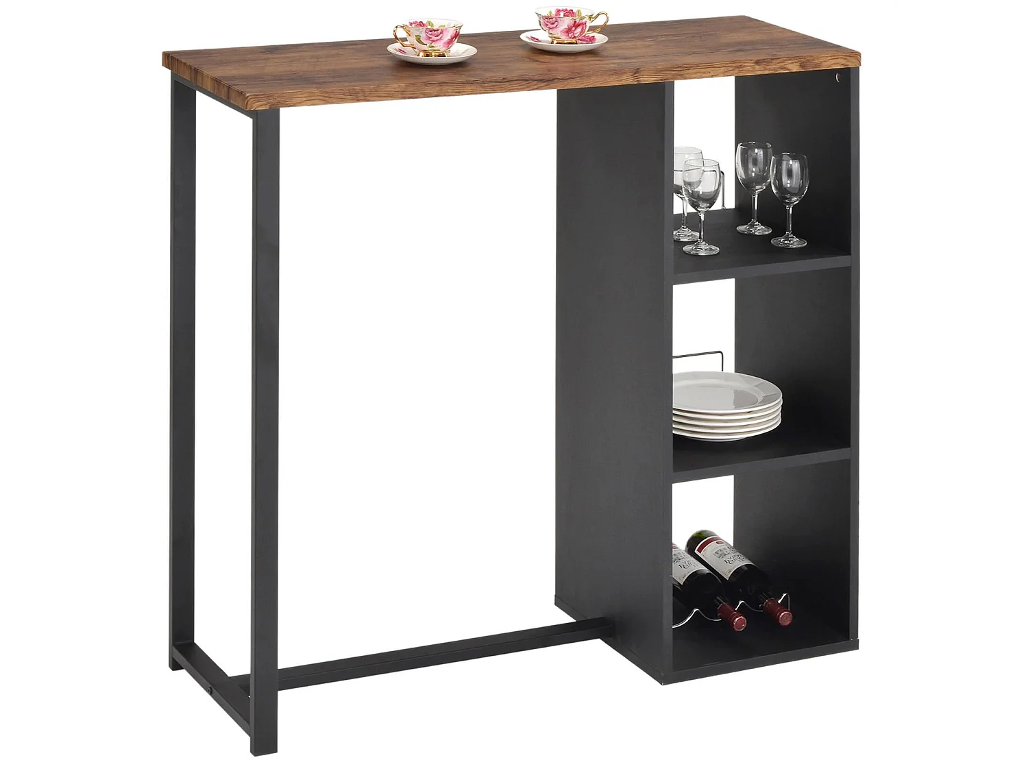 Table haute de bar PIAVA mange-debout comptoir avec 3 étagères dont 1 porte-bouteilles, en métal noir et MDF décor chêne sauvage