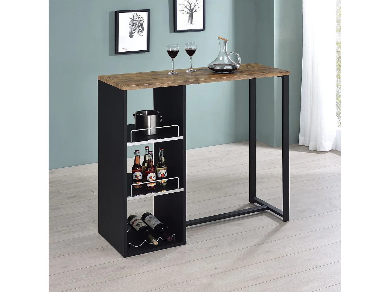Table haute de bar PIAVA mange-debout comptoir avec 3 étagères dont 1 porte-bouteilles, en métal noir et MDF décor chêne sauvage