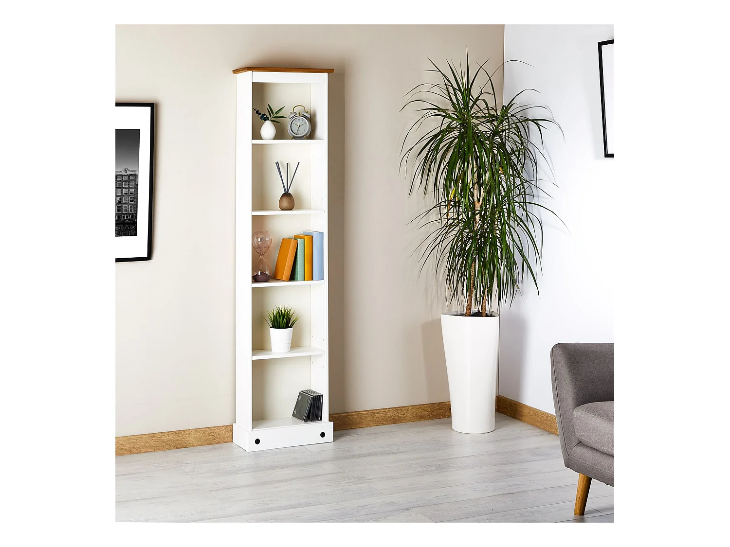 Bibliothèque CAMPO étagère en bois style mexicain avec 4 tablettes, en pin massif lasuré blanc et brun