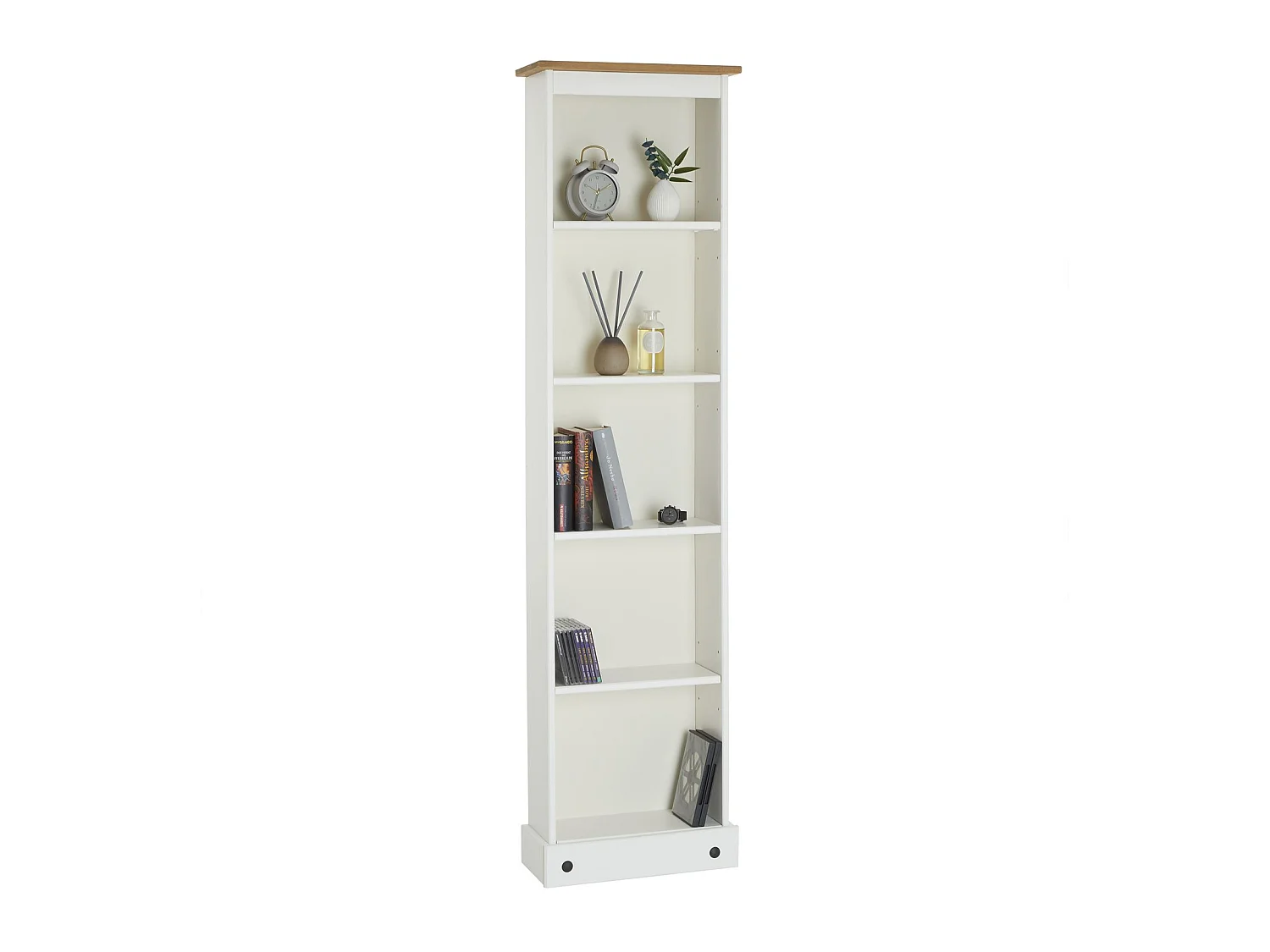 Bibliothèque CAMPO étagère en bois style mexicain avec 4 tablettes, en pin massif lasuré blanc et brun