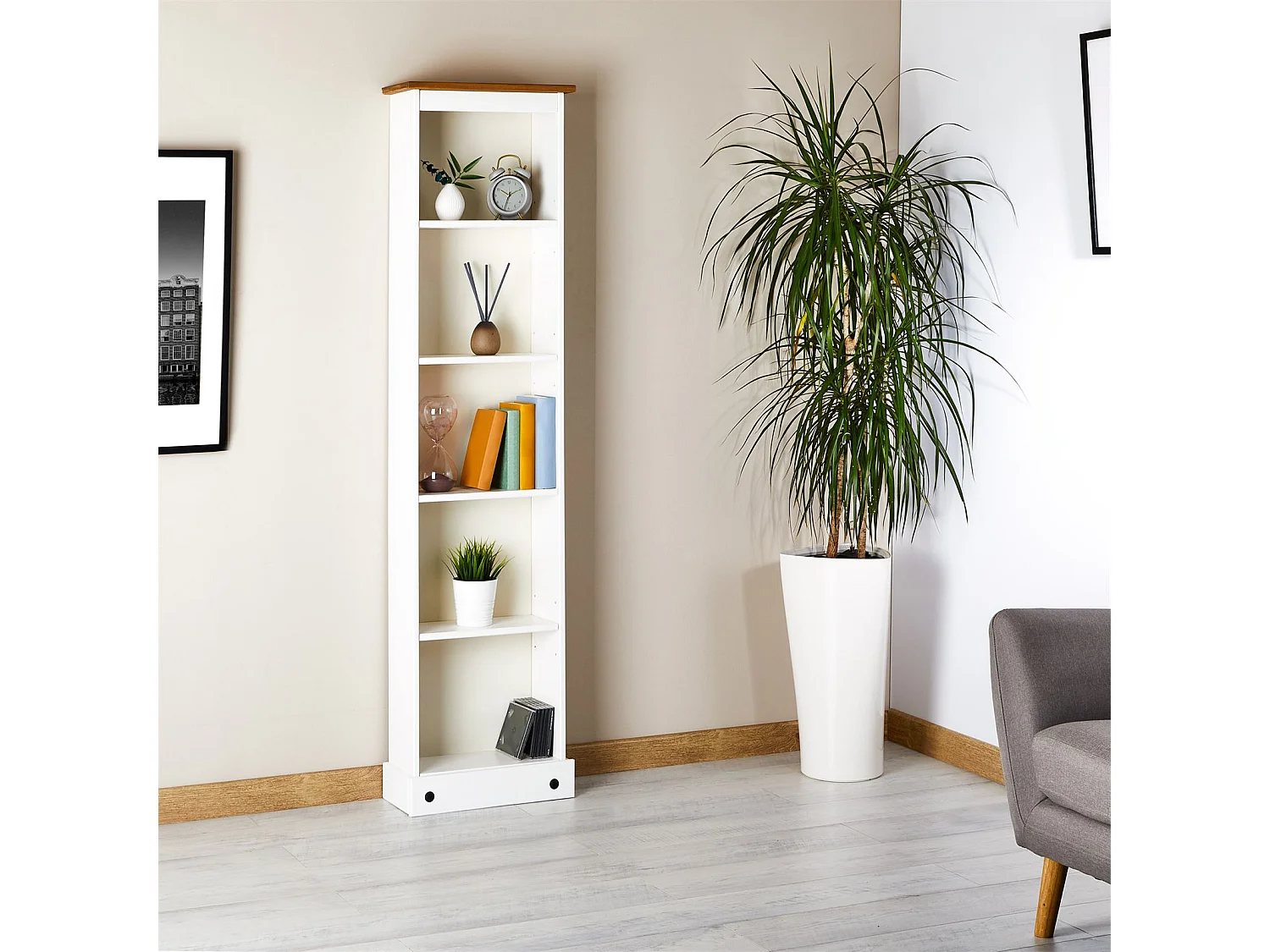 Bibliothèque CAMPO étagère en bois style mexicain avec 4 tablettes, en pin massif lasuré blanc et brun