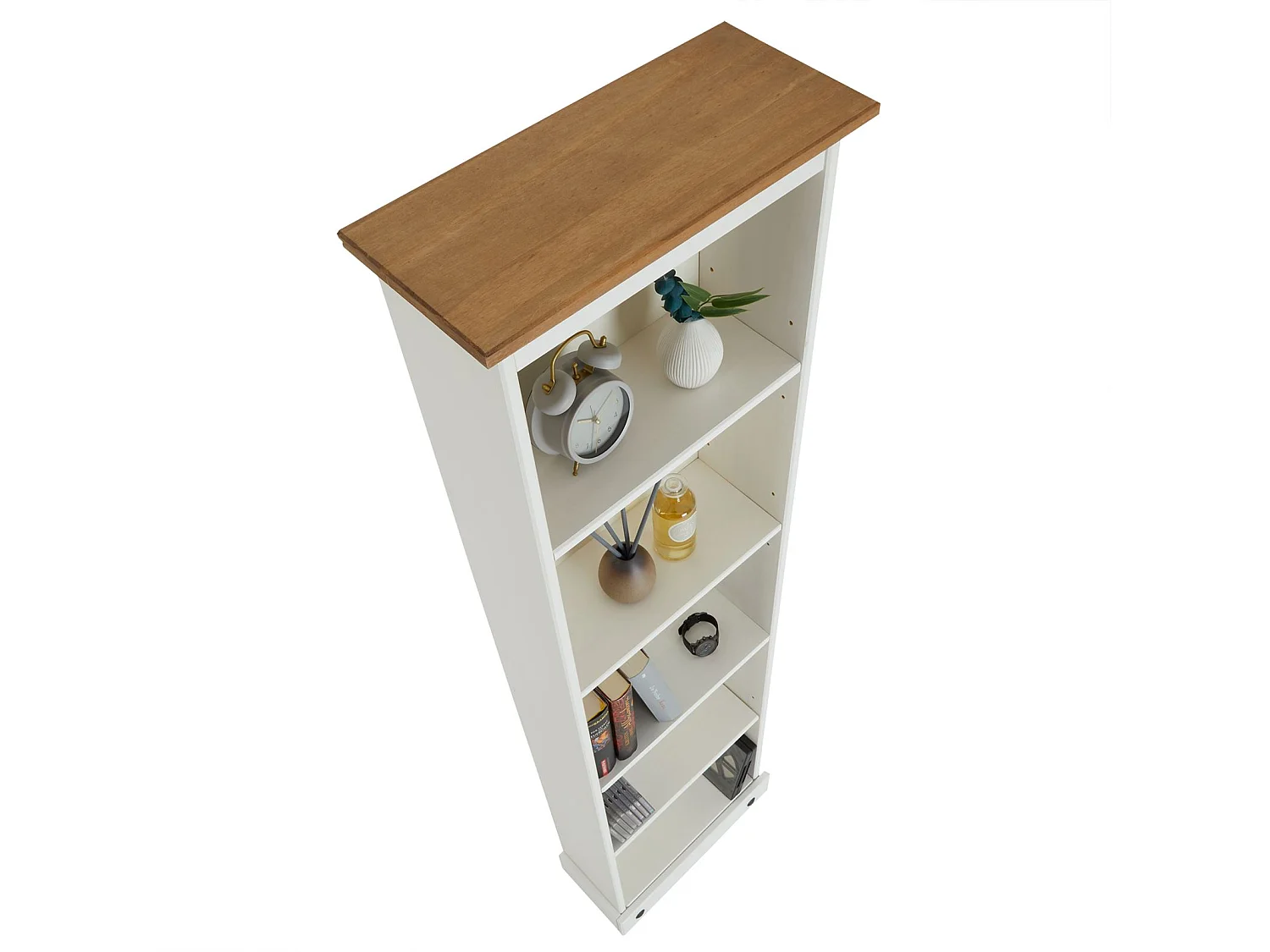 Bibliothèque CAMPO étagère en bois style mexicain avec 4 tablettes, en pin massif lasuré blanc et brun