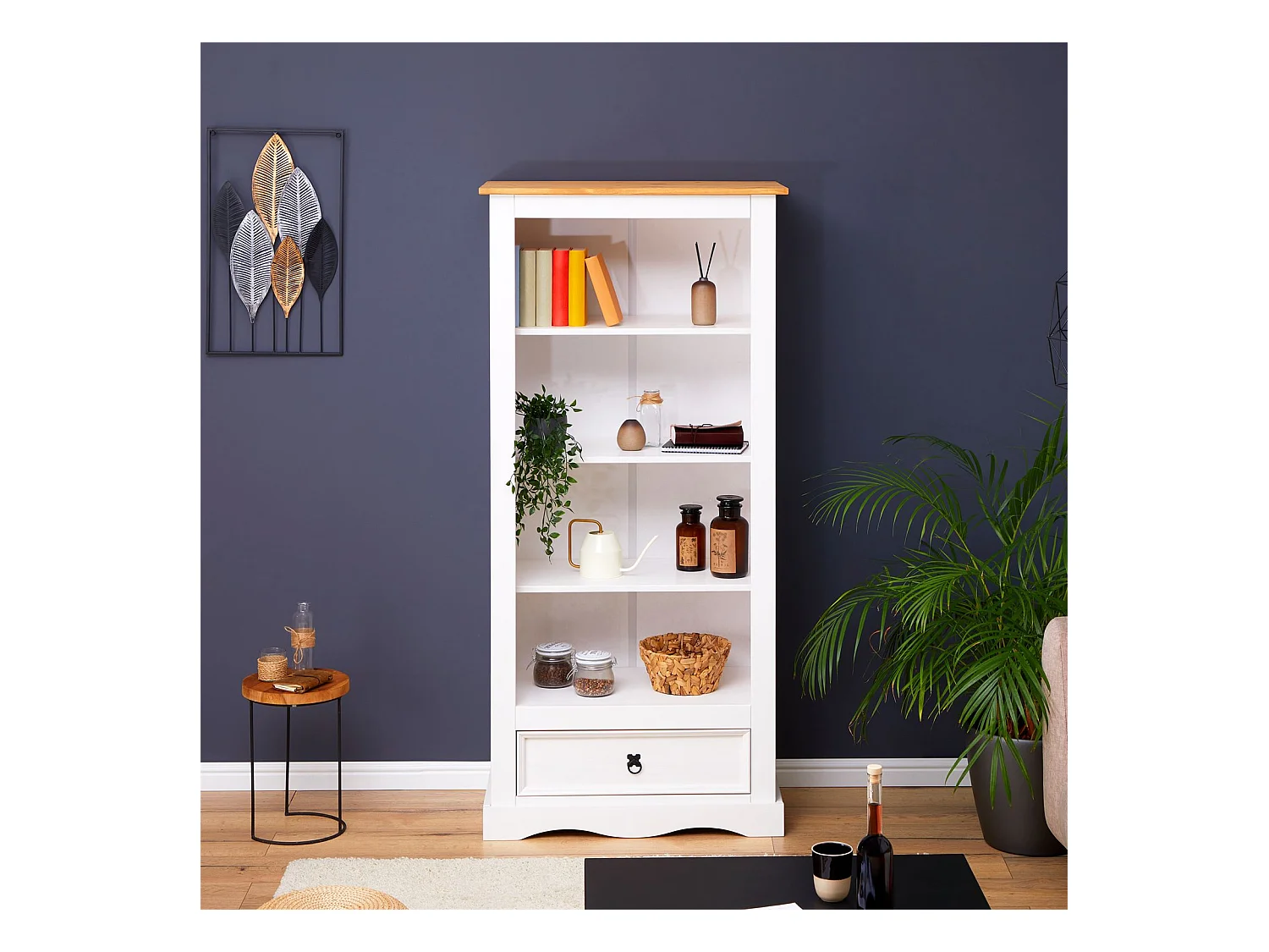 Bibliothèque TEQUILA étagère en bois style mexicain avec 3 tablettes et 1 tiroir, en pin massif lasuré blanc et brun