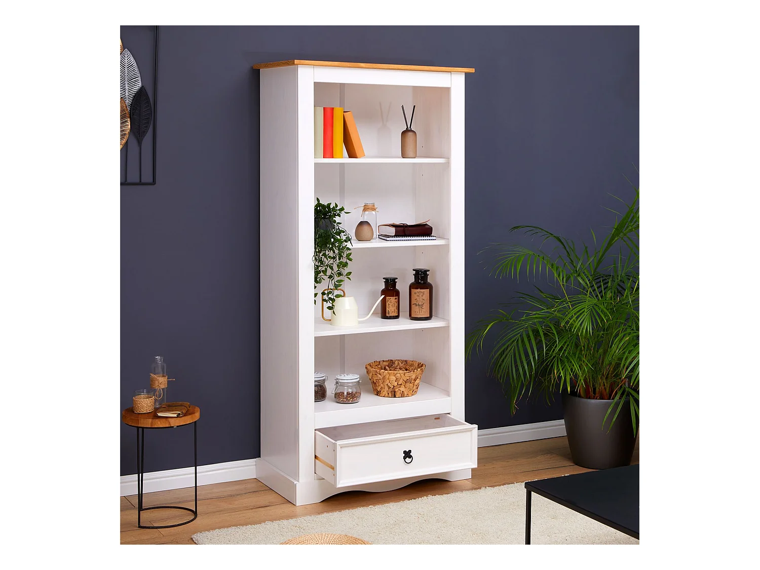 Bibliothèque TEQUILA étagère en bois style mexicain avec 3 tablettes et 1 tiroir, en pin massif lasuré blanc et brun