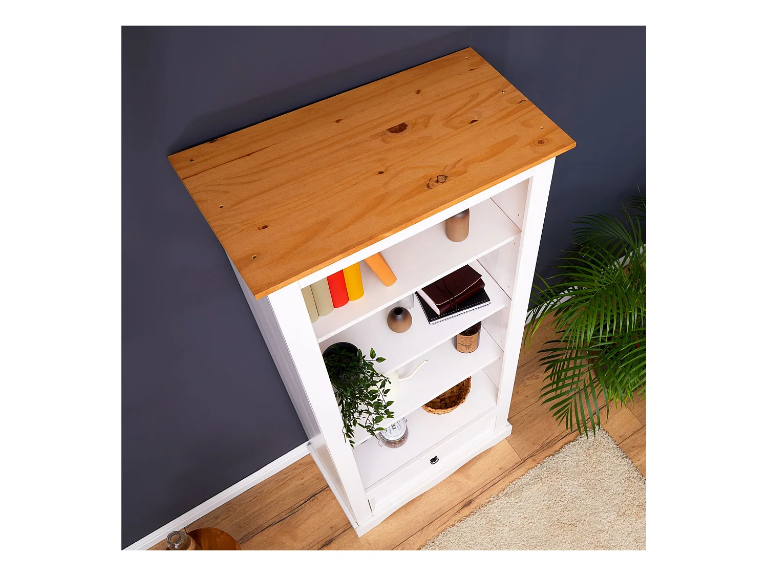 Bibliothèque TEQUILA étagère en bois style mexicain avec 3 tablettes et 1 tiroir, en pin massif lasuré blanc et brun