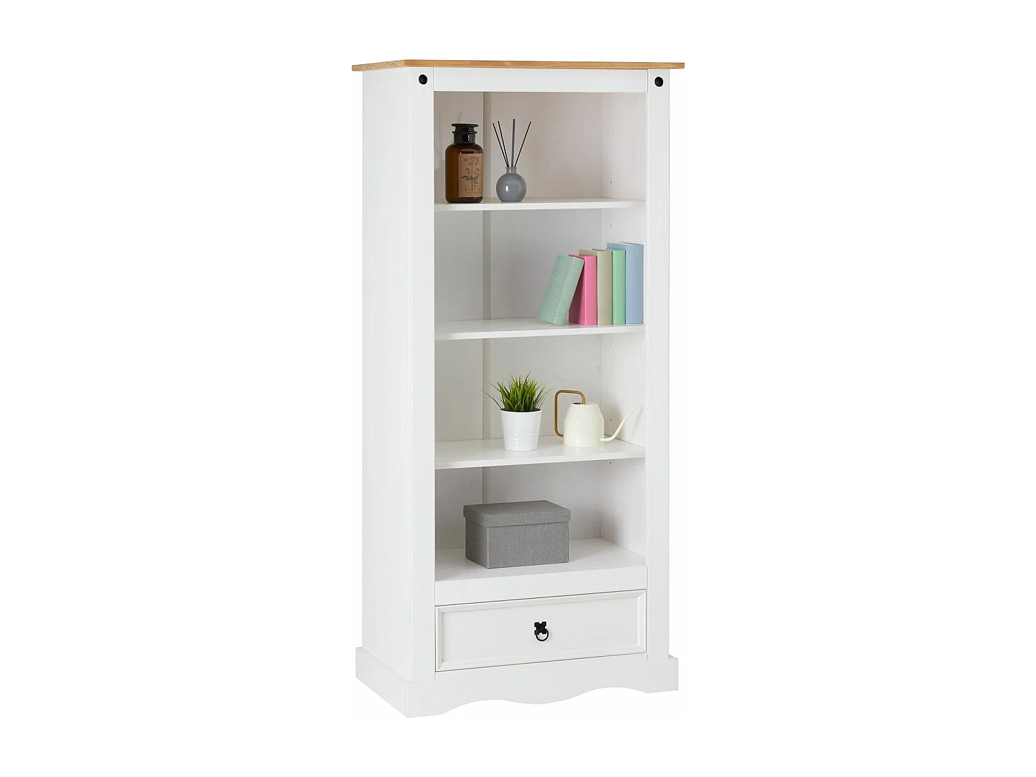 Bibliothèque TEQUILA étagère en bois style mexicain avec 3 tablettes et 1 tiroir, en pin massif lasuré blanc et brun