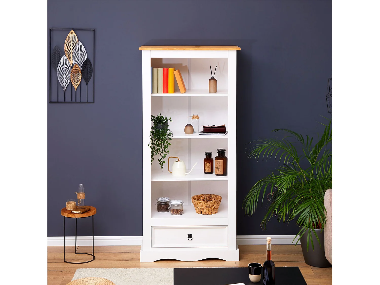 Bibliothèque TEQUILA étagère en bois style mexicain avec 3 tablettes et 1 tiroir, en pin massif lasuré blanc et brun