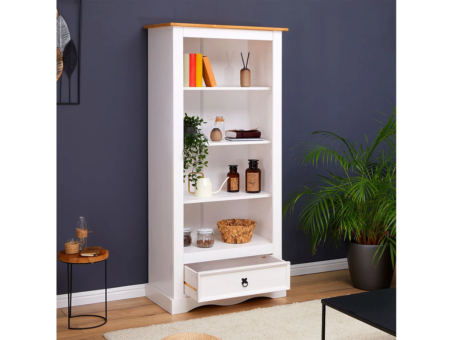 Bibliothèque TEQUILA étagère en bois style mexicain avec 3 tablettes et 1 tiroir, en pin massif lasuré blanc et brun