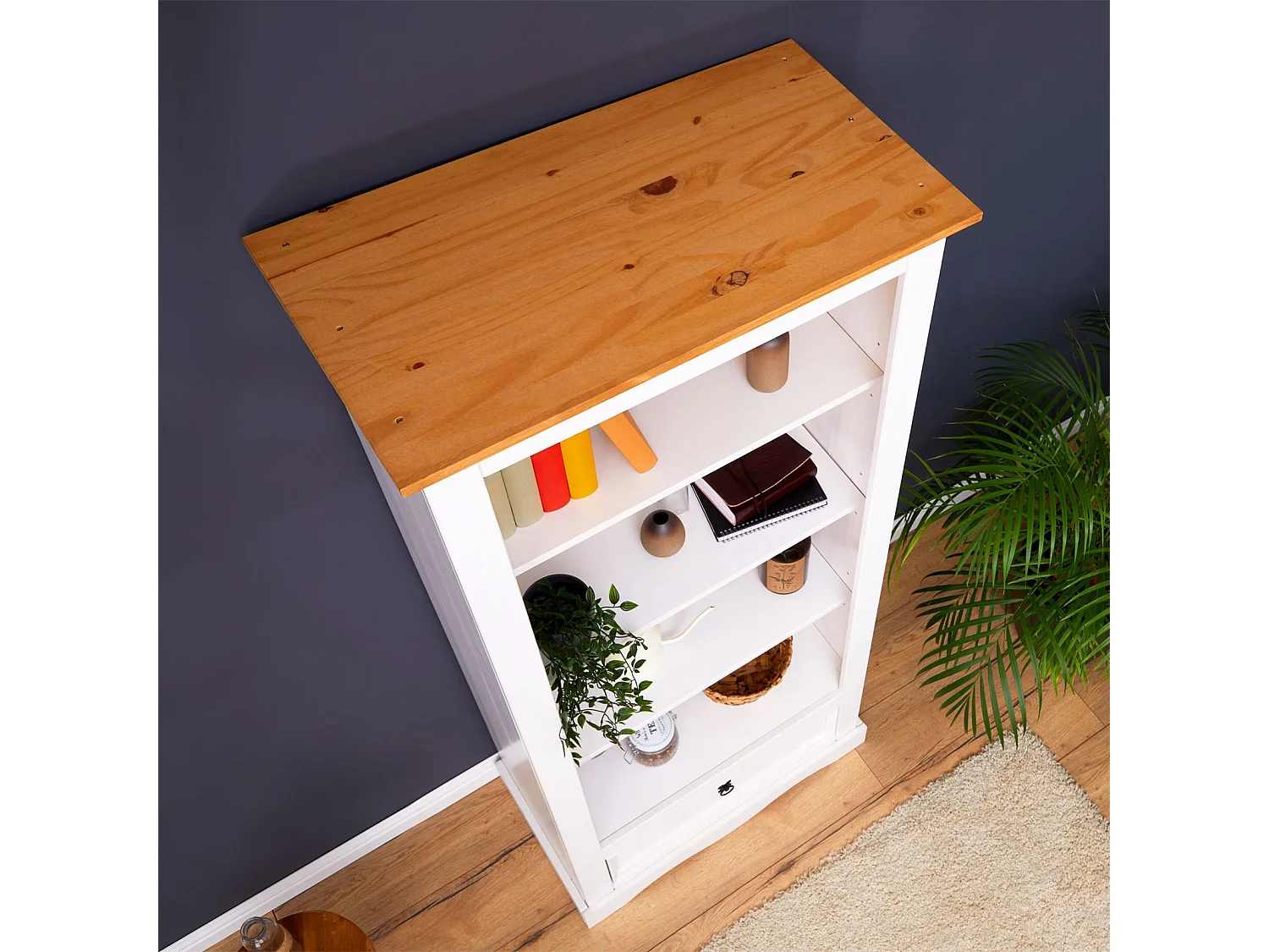 Bibliothèque TEQUILA étagère en bois style mexicain avec 3 tablettes et 1 tiroir, en pin massif lasuré blanc et brun