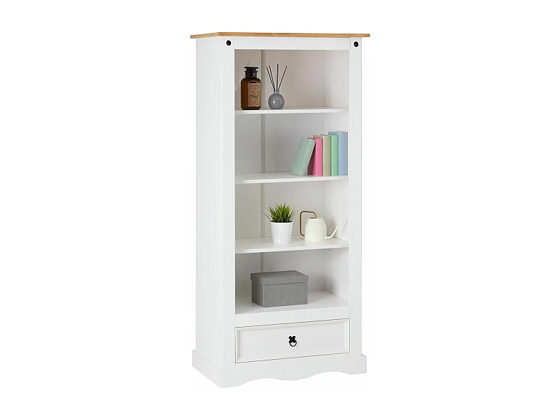 Bibliothèque TEQUILA étagère en bois style mexicain avec 3 tablettes et 1 tiroir, en pin massif lasuré blanc et brun