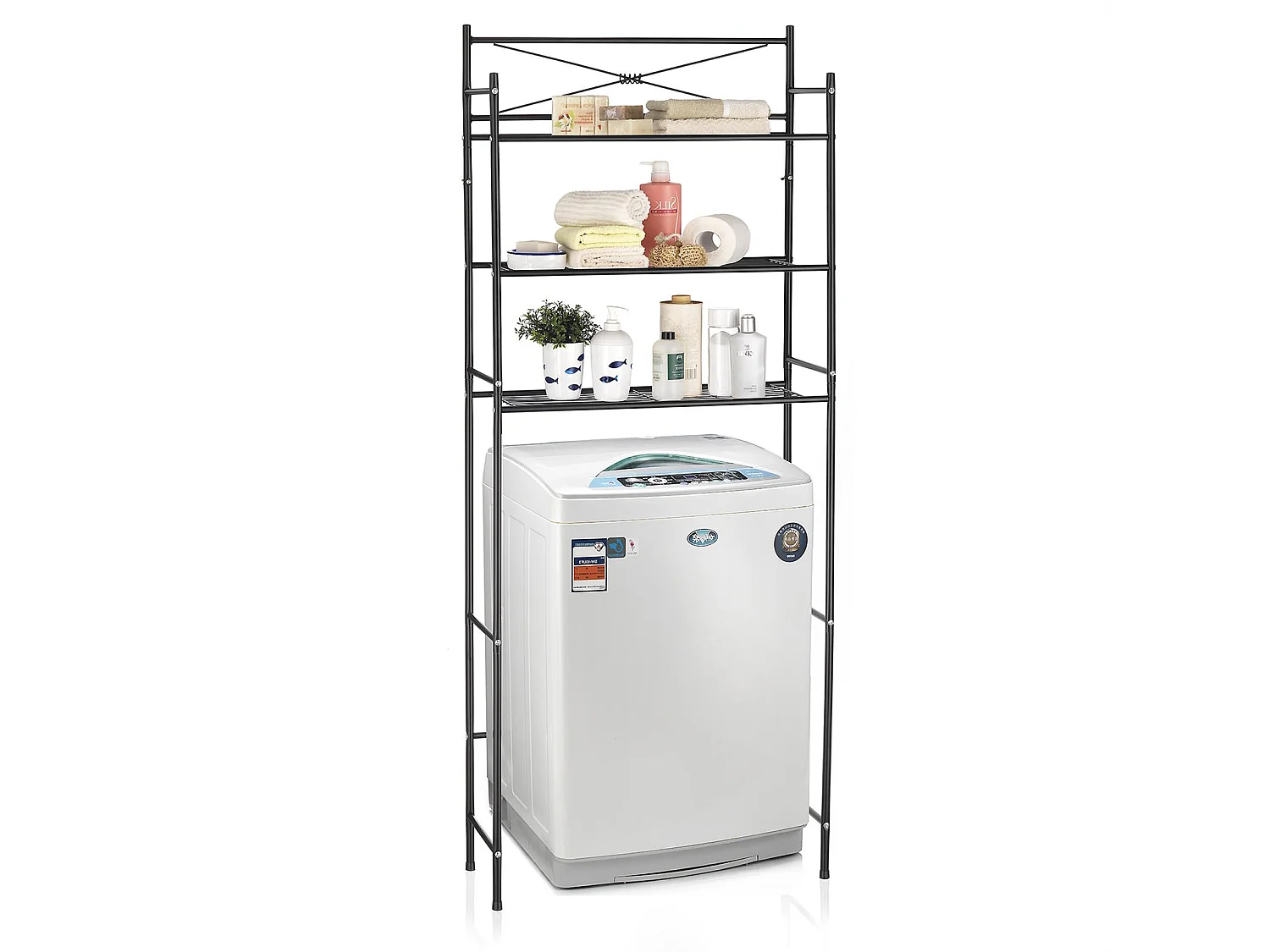 Etagère de salle de bain MARSA meuble de rangement au-dessus des toilettes wc ou lave-linge avec 3 tablettes, en métal laqué noir