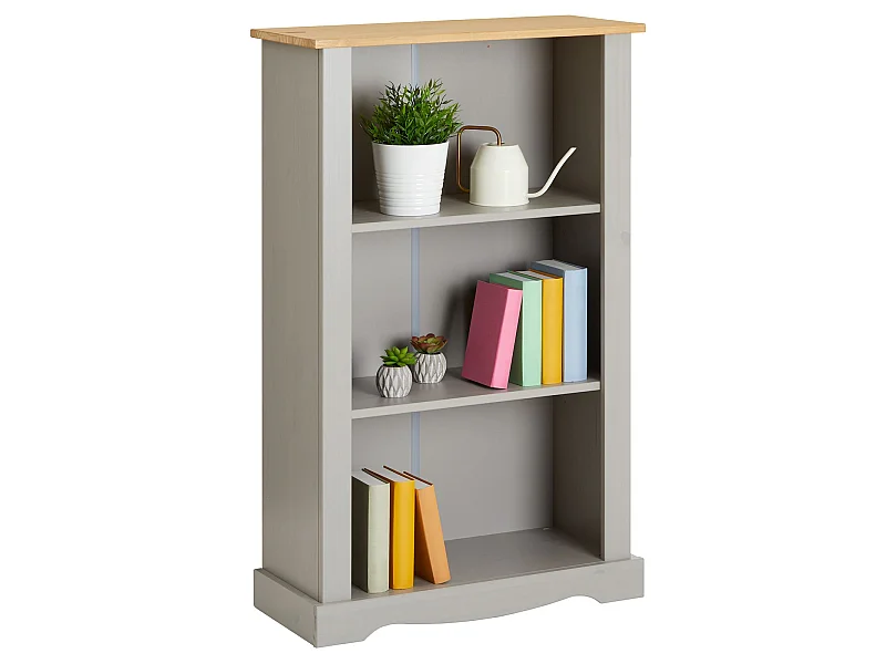 Etagère TEQUILA bibliothèques en bois style mexicain avec 2 tablettes, dim 70 x 116 x 30 cm, en pin massif lasuré gris et brun