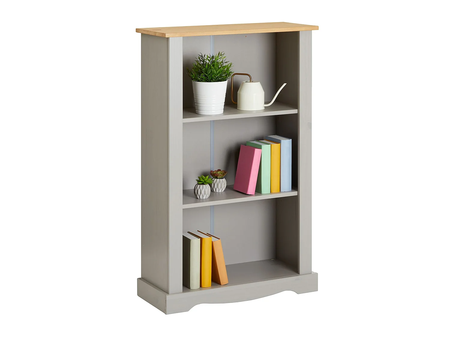 Etagère TEQUILA bibliothèques en bois style mexicain avec 2 tablettes, dim 70 x 116 x 30 cm, en pin massif lasuré gris et brun