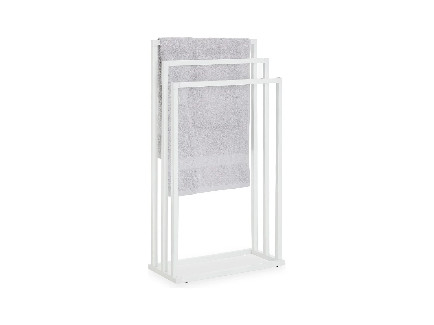 Porte-serviettes sur pied KUNO portant pour vêtements et linge de salle de bain avec 3 niveaux d'étendage, structure en métal blanc