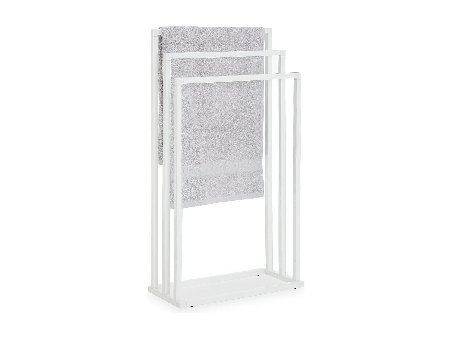 Porte-serviettes sur pied KUNO portant pour vêtements et linge de salle de bain avec 3 niveaux d'étendage, structure en métal blanc