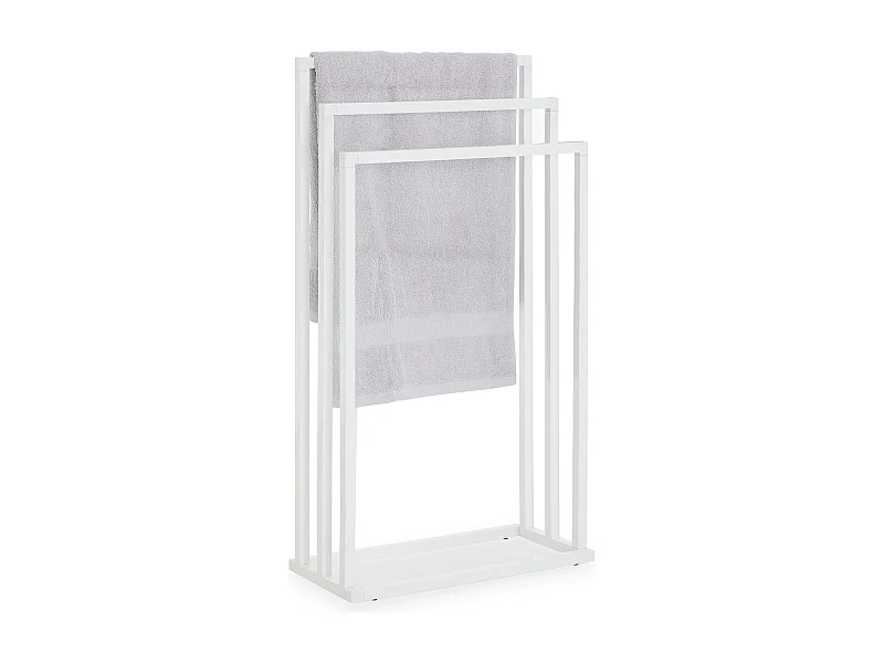 Porte-serviettes sur pied KUNO portant pour vêtements et linge de salle de bain avec 3 niveaux d'étendage, structure en métal blanc