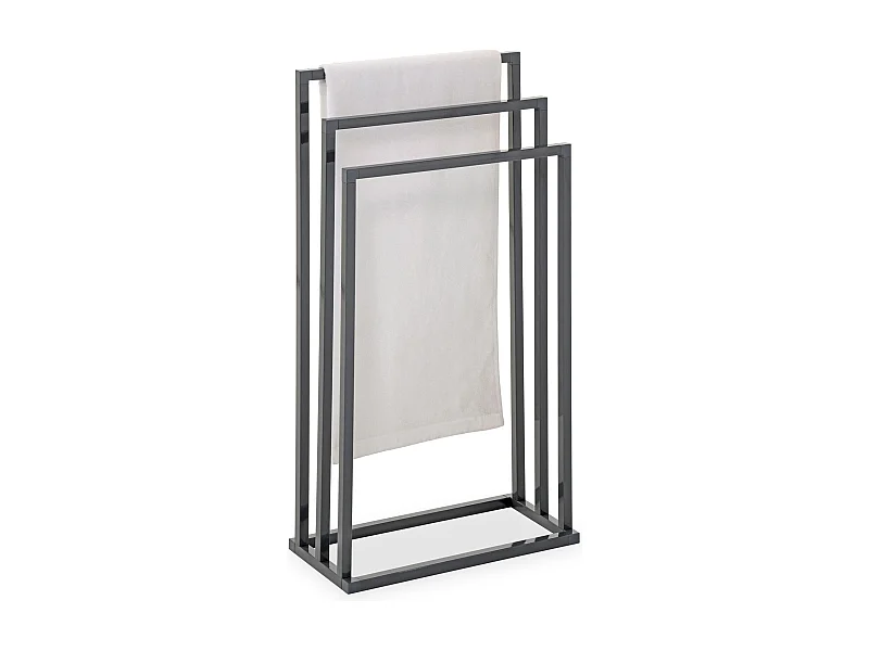Porte-serviettes sur pied KUNO portant pour vêtements et linge de salle de bain avec 3 niveaux d'étendage, structure en métal gris