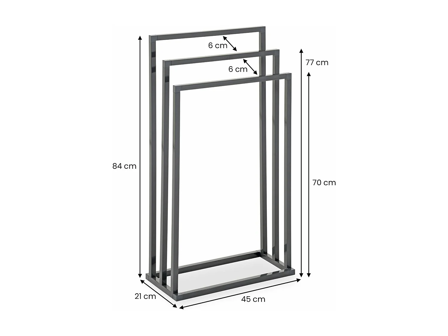 Porte-serviettes sur pied KUNO portant pour vêtements et linge de salle de bain avec 3 niveaux d'étendage, structure en métal gris