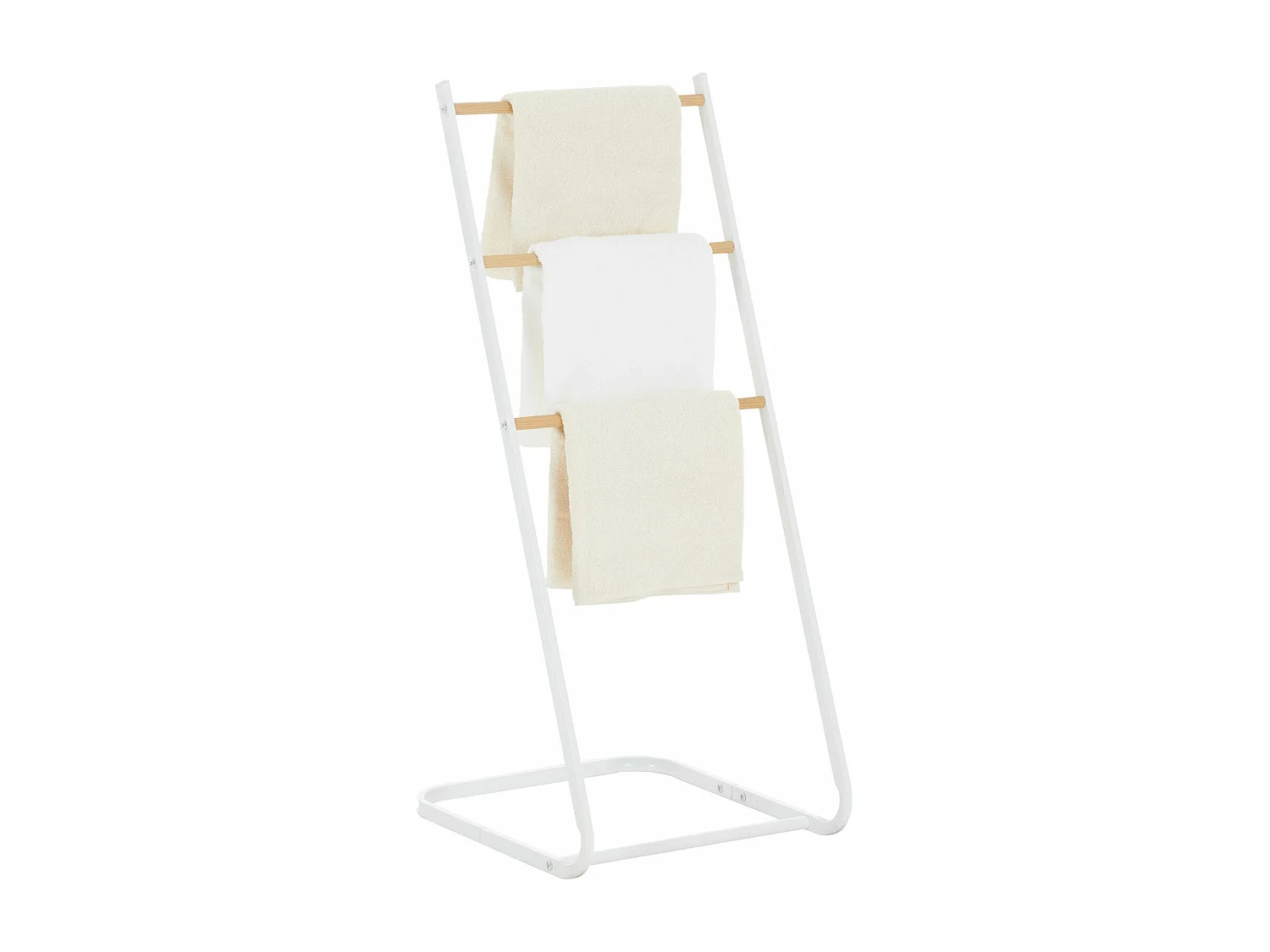 Porte-serviettes sur pied FLAVIA échelle à 3 portants pour linge de salle de bain, structure en métal blanc et imprimé bois