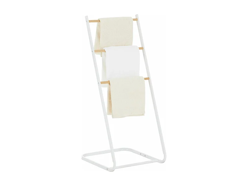 Porte-serviettes sur pied FLAVIA échelle à 3 portants pour linge de salle de bain, structure en métal blanc et imprimé bois
