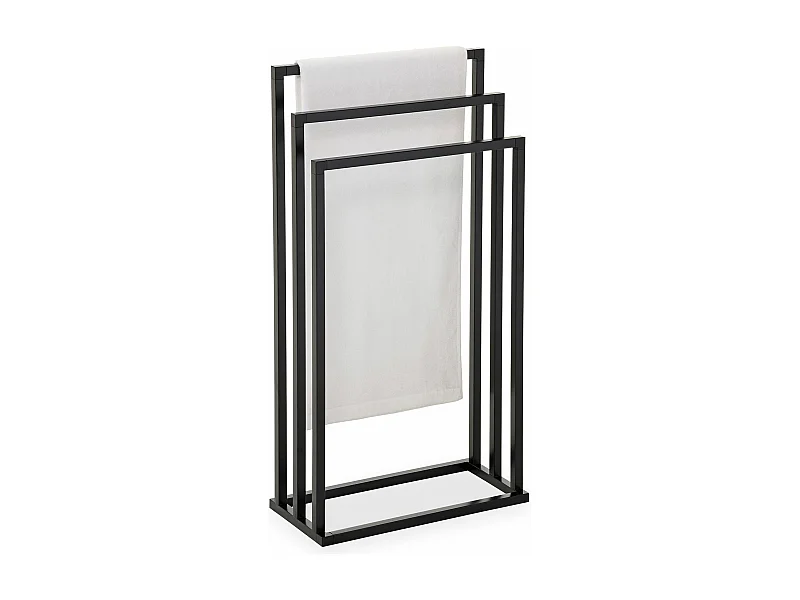 Porte-serviettes sur pied KUNO portant pour vêtements et linge de salle de bain avec 3 niveaux d'étendage, structure en métal noir