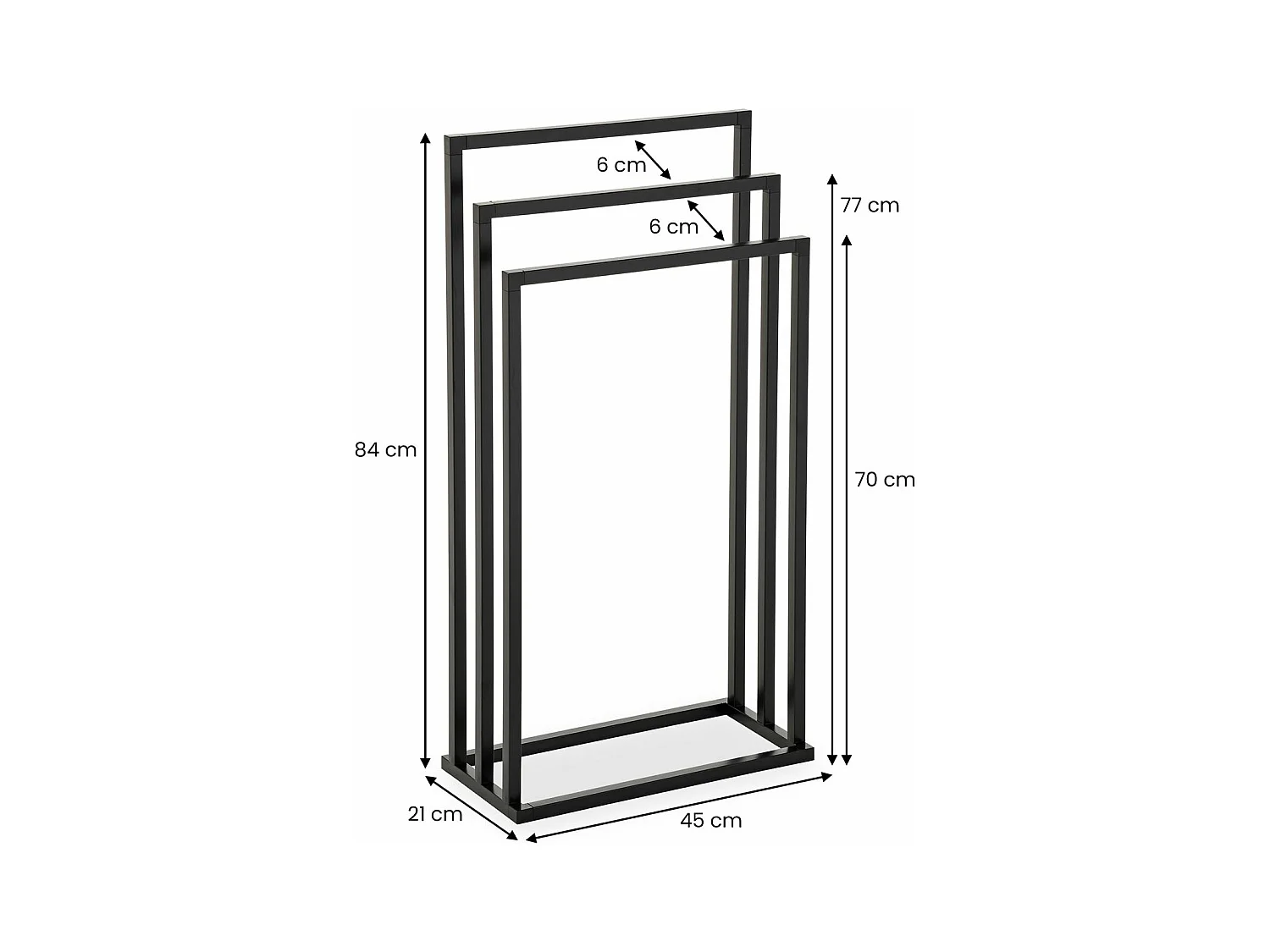 Porte-serviettes sur pied KUNO portant pour vêtements et linge de salle de bain avec 3 niveaux d'étendage, structure en métal noir