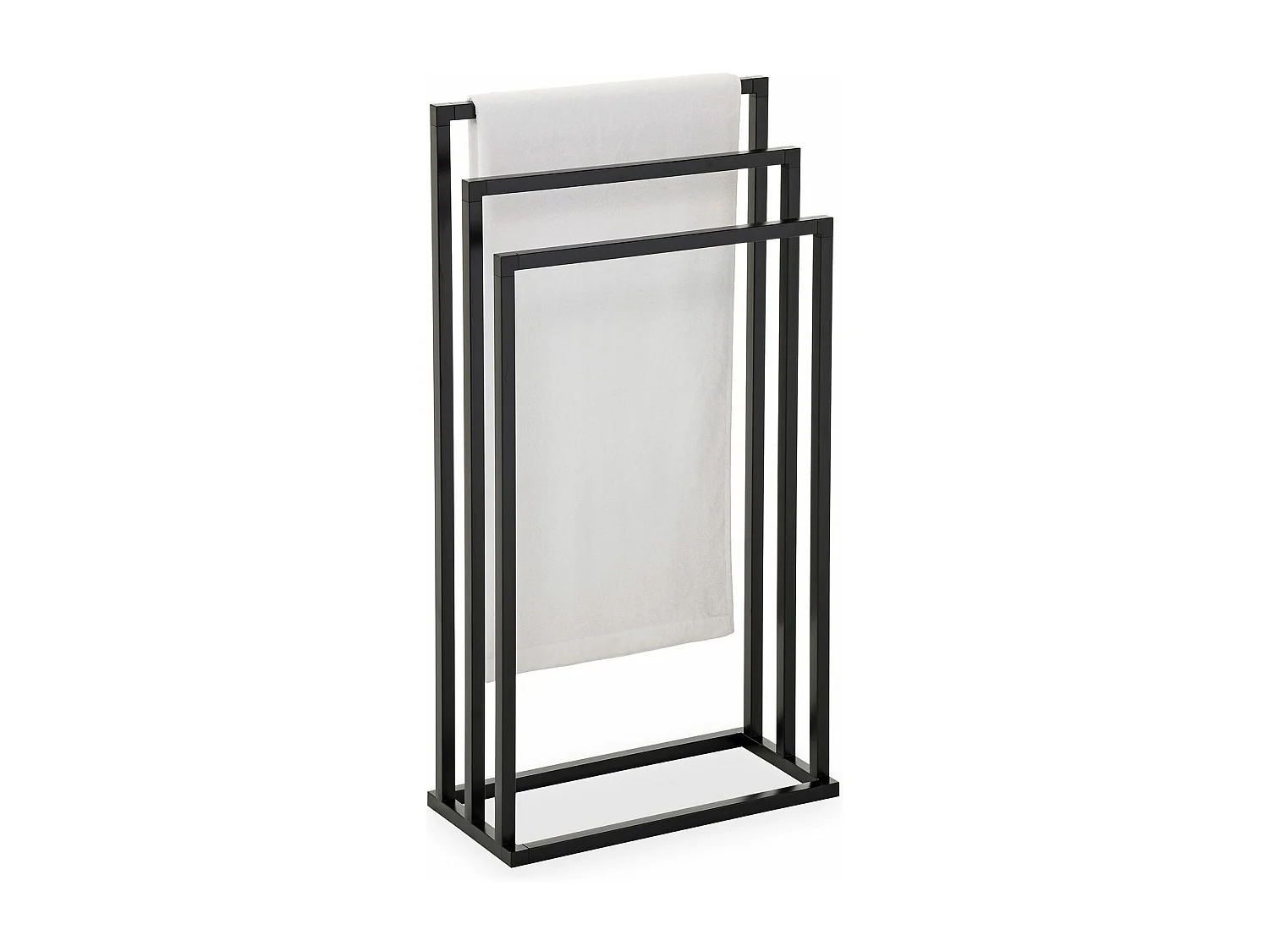 Porte-serviettes sur pied KUNO portant pour vêtements et linge de salle de bain avec 3 niveaux d'étendage, structure en métal noir