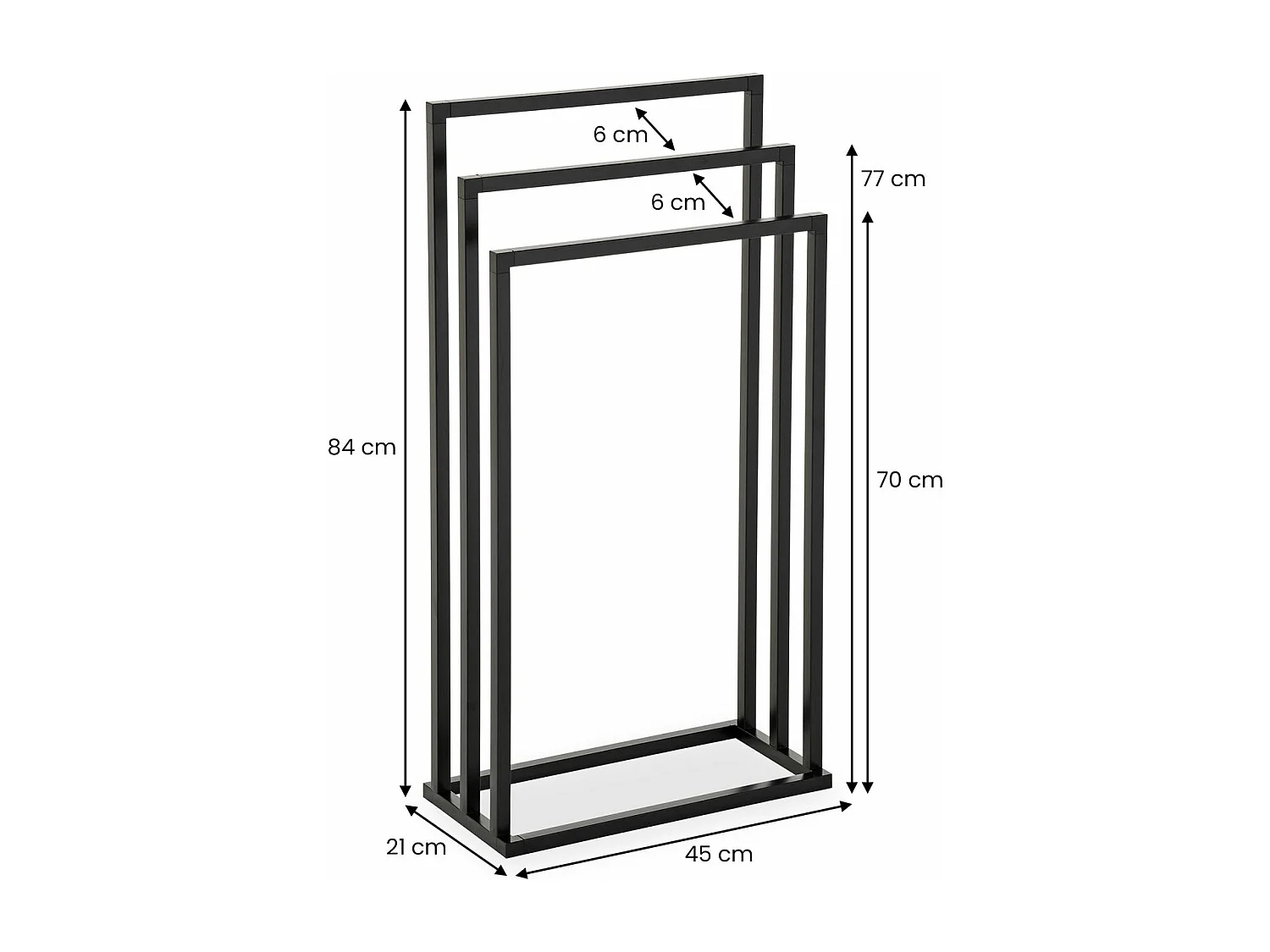 Porte-serviettes sur pied KUNO portant pour vêtements et linge de salle de bain avec 3 niveaux d'étendage, structure en métal noir