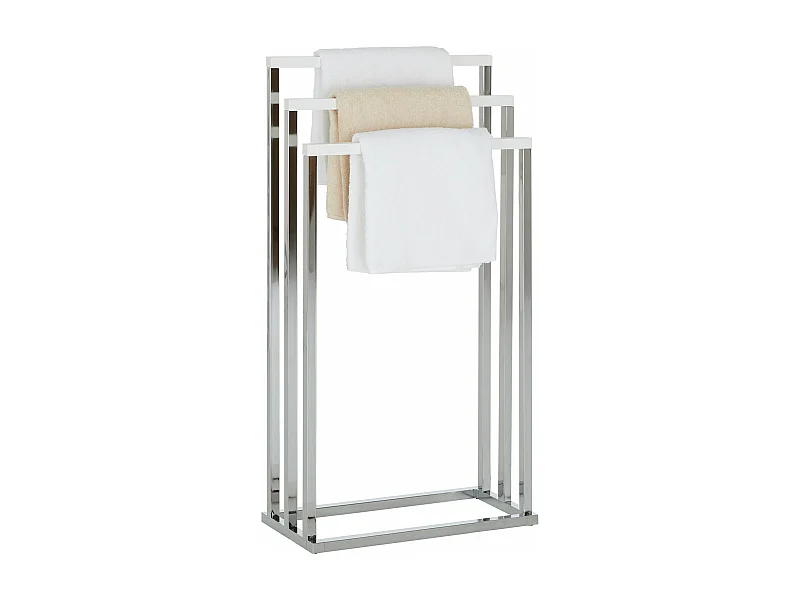 Porte-serviettes sur pied EDOARDO portant pour linge de bain ou vêtements avec 3 tringles, en métal chromé et bois  blanc