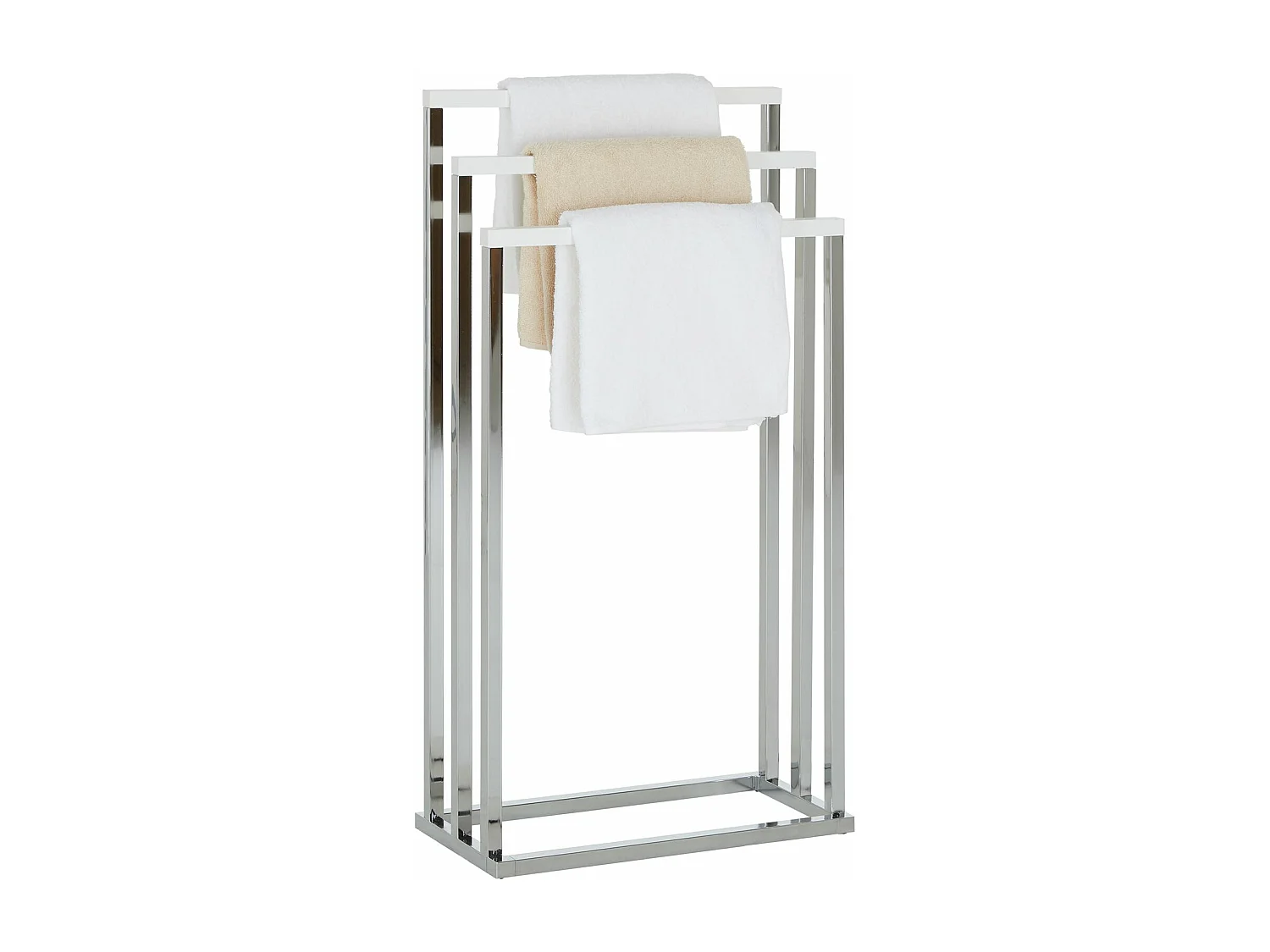 Porte-serviettes sur pied EDOARDO portant pour linge de bain ou vêtements avec 3 tringles, en métal chromé et bois  blanc