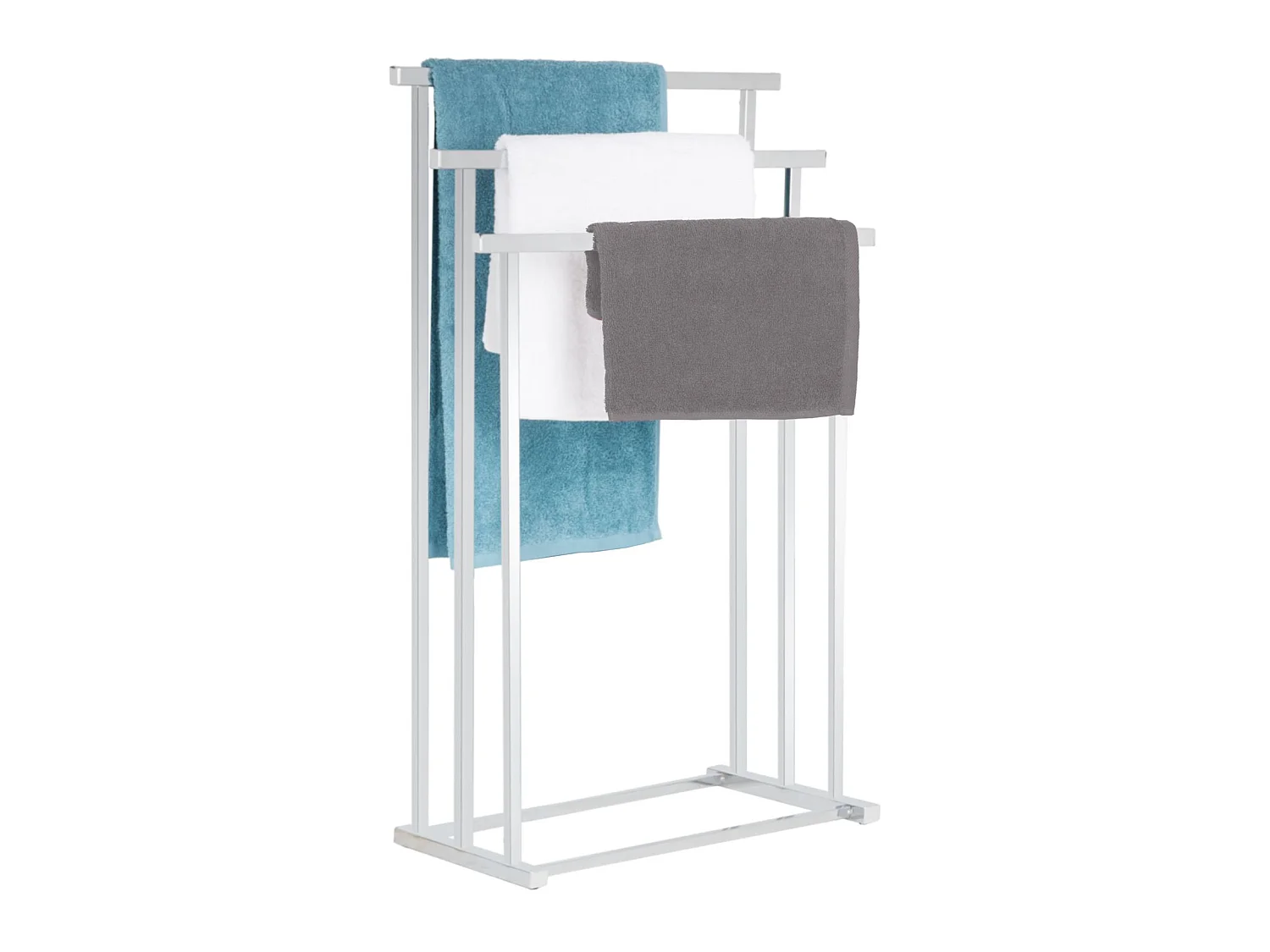 Porte-serviettes sur pied MATTIA portant pour vêtement et linge de salle de bain avec 3 niveaux d'étendage, en métal chromé