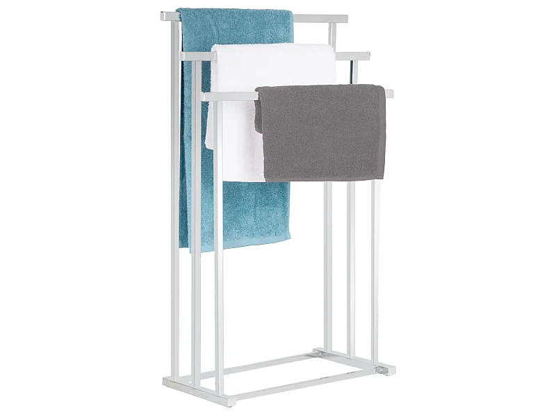 Porte-serviettes sur pied MATTIA portant pour vêtement et linge de salle de bain avec 3 niveaux d'étendage, en métal chromé