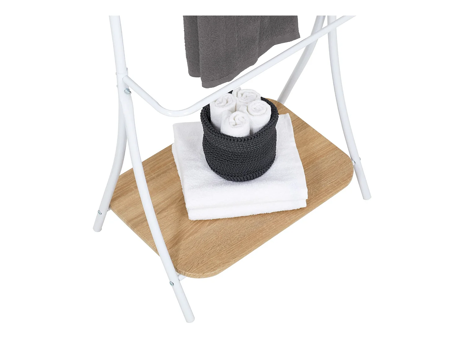 Porte-serviettes sur pied EDY avec 5 niveaux de différentes hauteurs en métal blanc et 1 étagère portant pour salles de bain