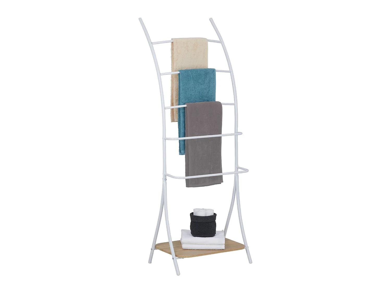 Porte-serviettes sur pied EDY avec 5 niveaux de différentes hauteurs en métal blanc et 1 étagère portant pour salles de bain