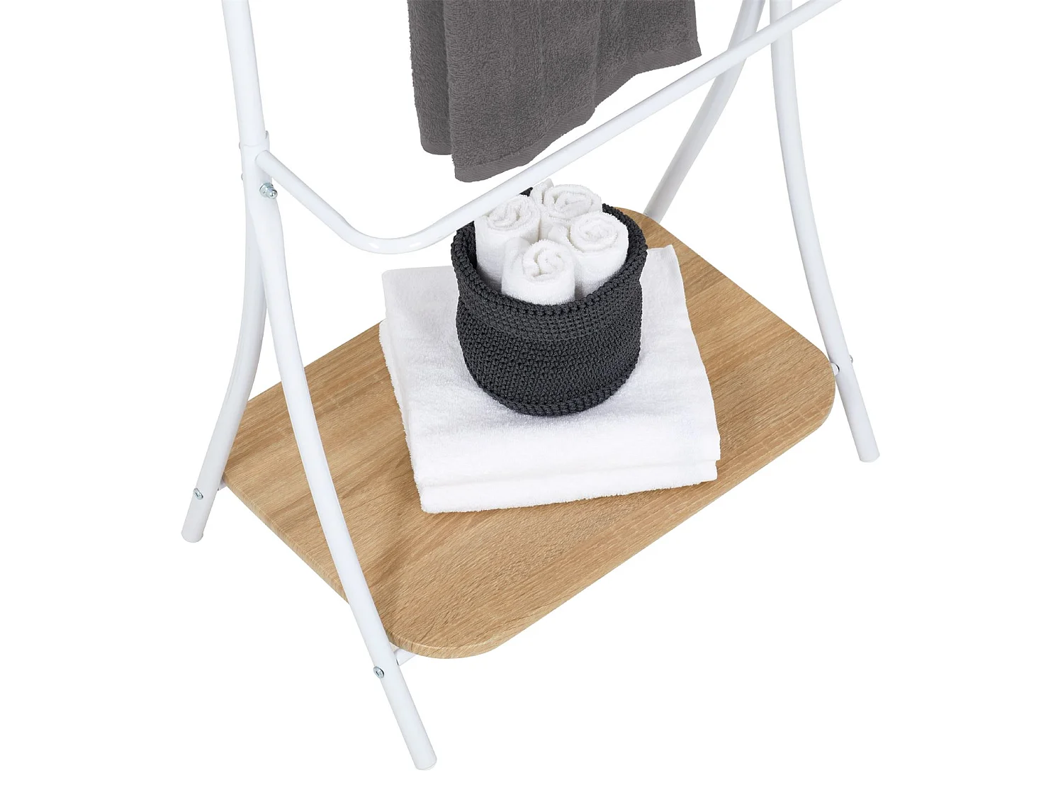 Porte-serviettes sur pied EDY avec 5 niveaux de différentes hauteurs en métal blanc et 1 étagère portant pour salles de bain