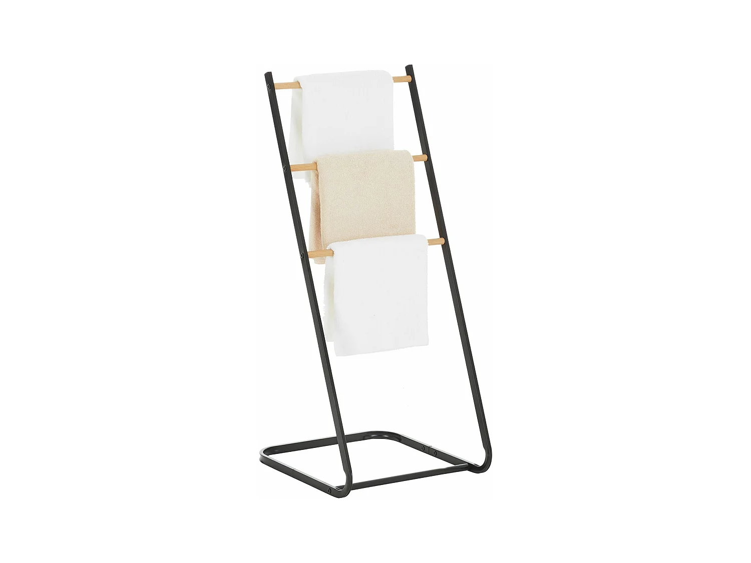 Porte-serviettes sur pied FLAVIA échelle à 3 portants pour linge de salle de bain, structure en métal noir et imprimé bois
