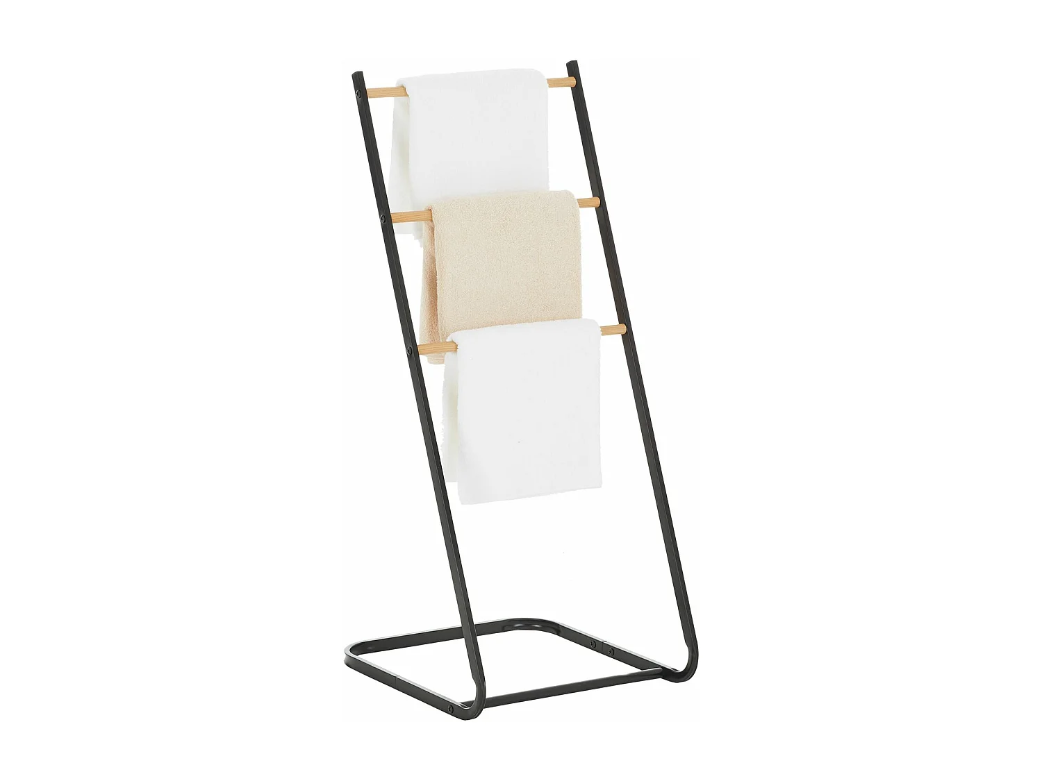Porte-serviettes sur pied FLAVIA échelle à 3 portants pour linge de salle de bain, structure en métal noir et imprimé bois